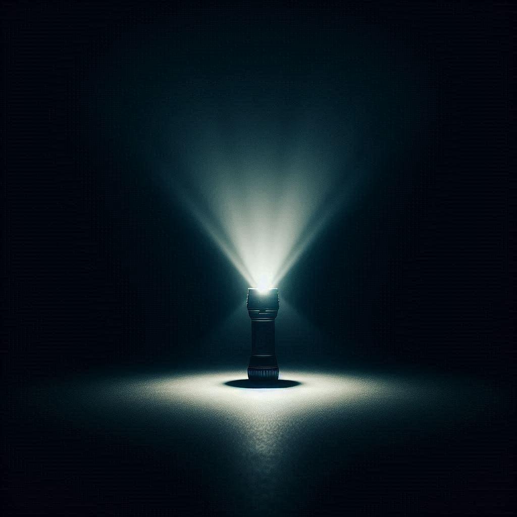 Flashlight shining up into a dark room.